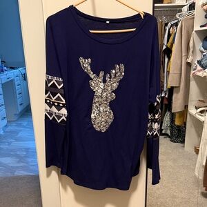 Navy Blue Reindeer Sequin Women's Top